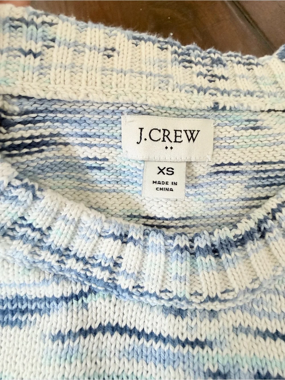 J. Crew Factory White Crewneck Sweater with Blue Space-Dyed Pattern